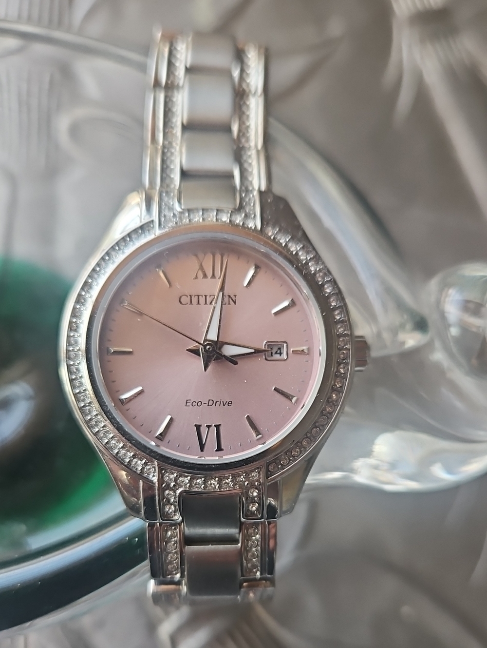 Citizen Women's Silver Watch with Pink Dial and Crystal Accents